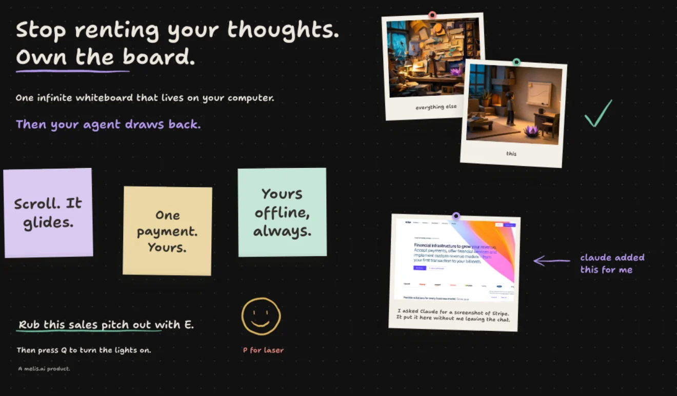 The Aetherboard canvas: handwritten headings, sticky notes, pinned pictures and the tool bar along the bottom