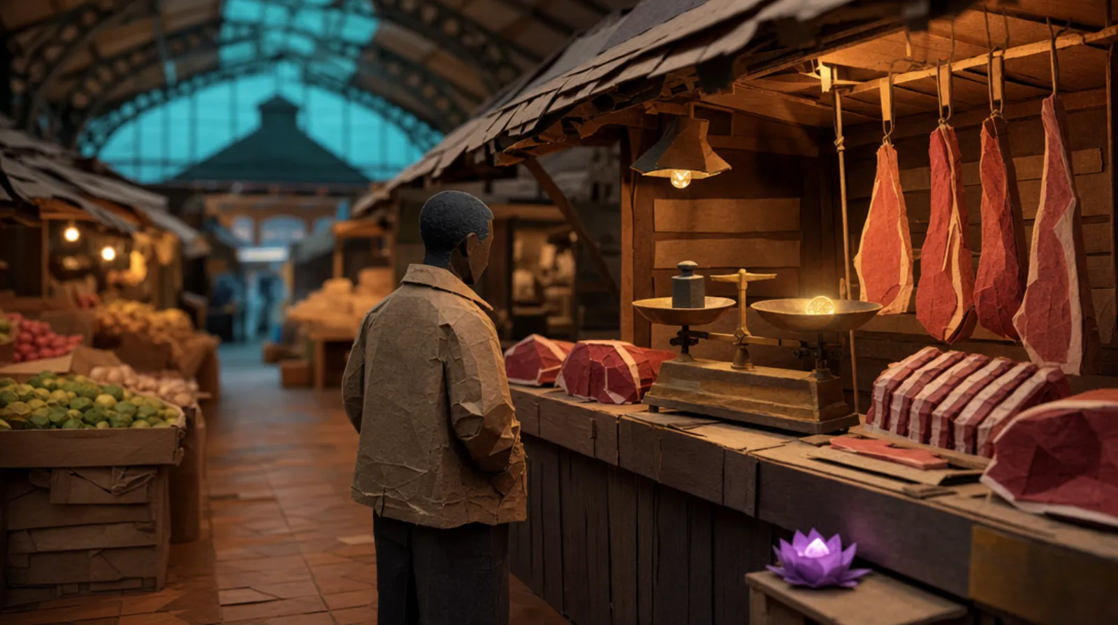 A Black man in a worn canvas jacket, face turned toward old brass scales at a market stall, one pan holding a small iron weight and the other a single faintly glowing coin — the beam resting in perfect balance.