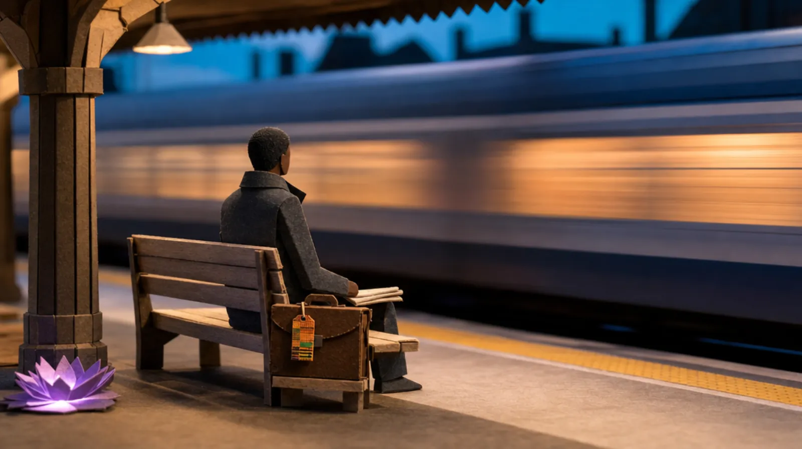 A Black man in a long wool overcoat, back to the viewer, seated alone on a commuter platform bench as a packed train blurs past — a folded newspaper resting on his knee, the platform otherwise swept empty by the rush.
