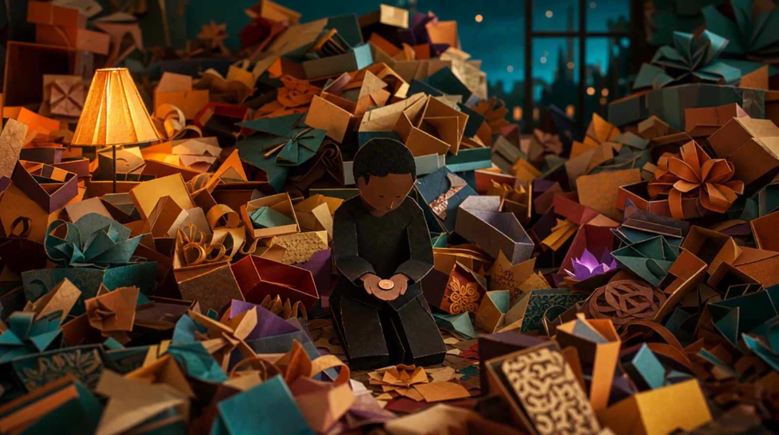 A paper-craft scene: a small figure buried in a mountain of ornate gift boxes and ribbons, one tiny plain coin glowing at the centre of it all.