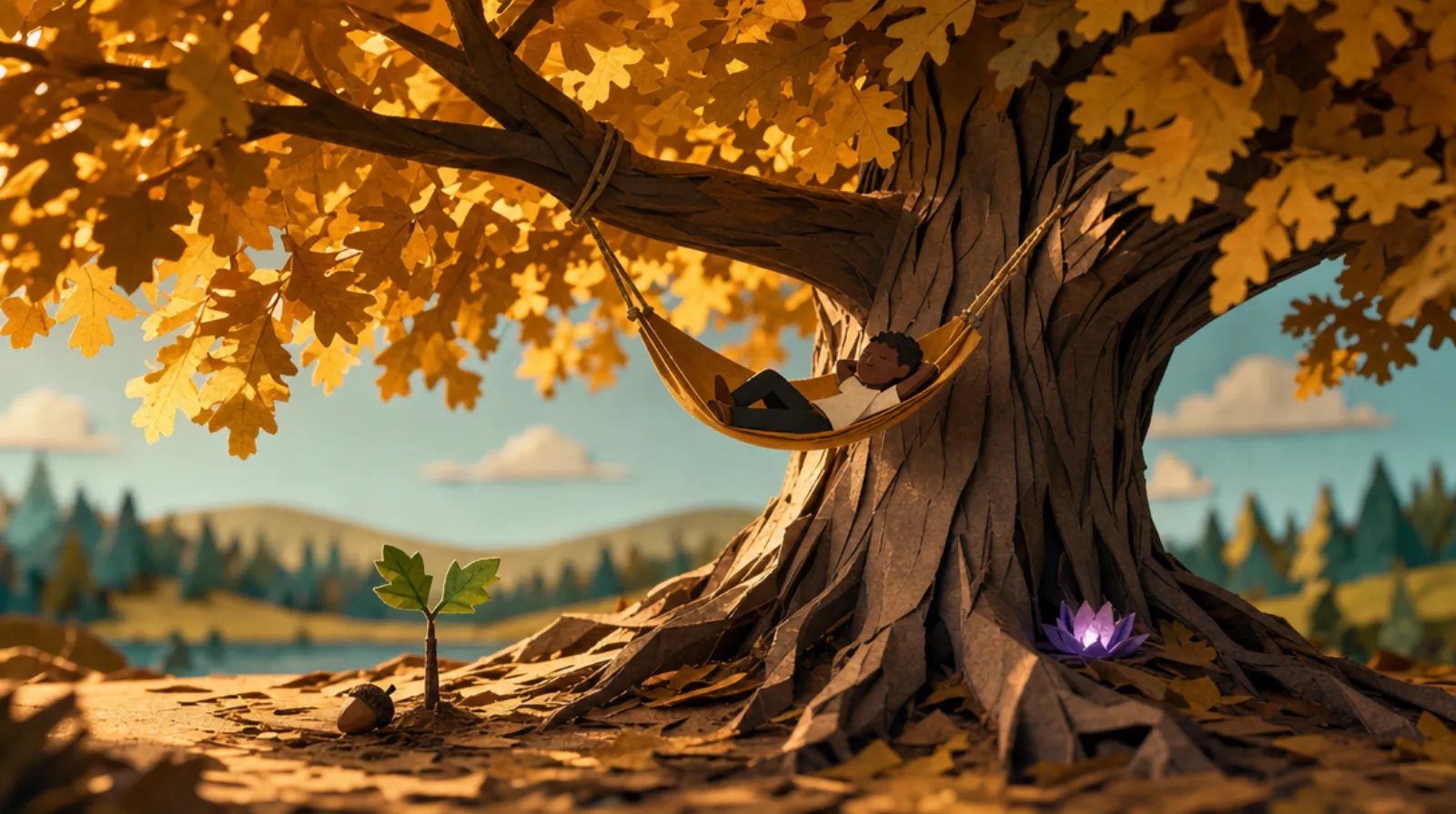 A paper-craft scene: a tiny figure resting in a hammock high in a colossal golden oak, a small sapling and acorn at its roots — the same tree, decades apart.