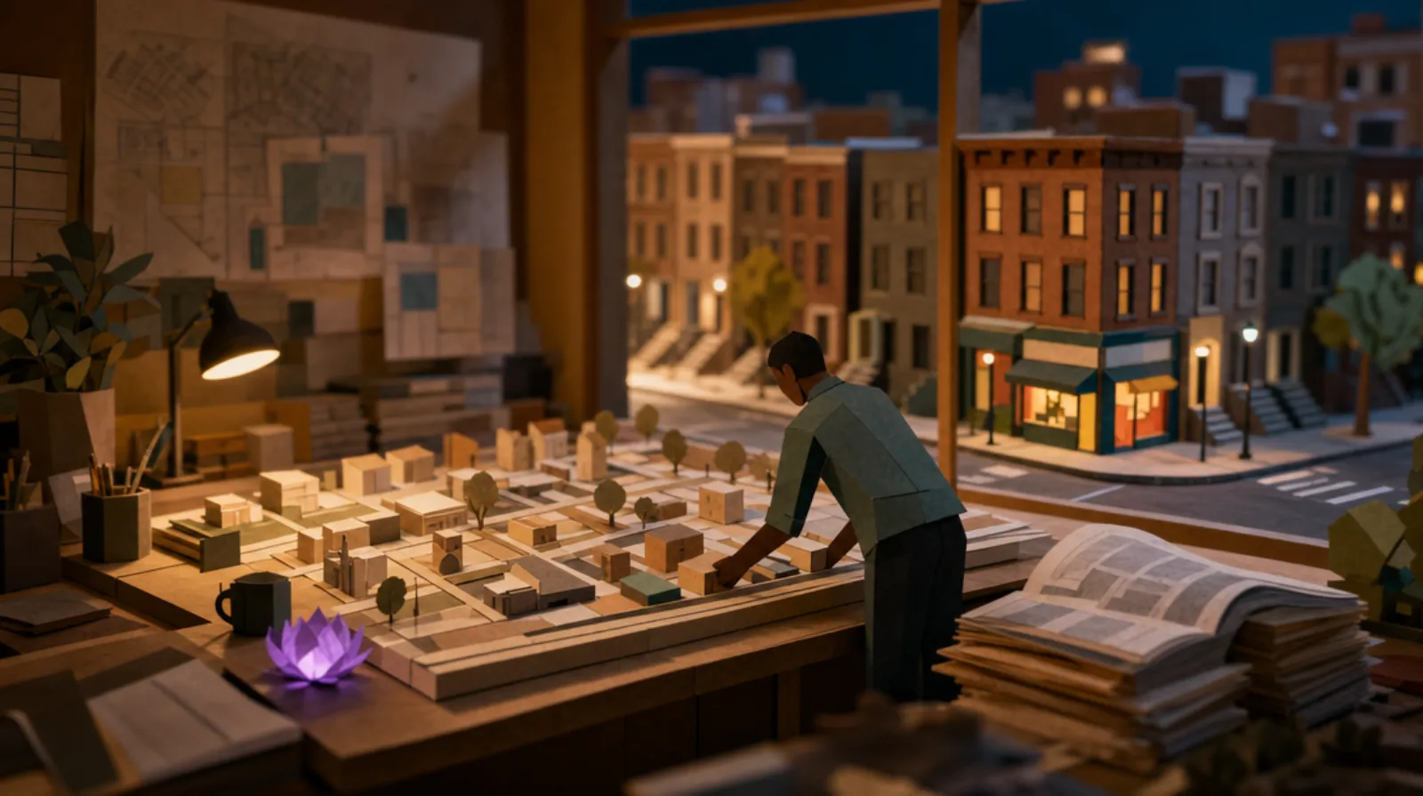 A man in a small city-planning office leans over an architectural model of a city block, arranging building pieces before any construction begins, a Brooklyn street visible through the window behind him.