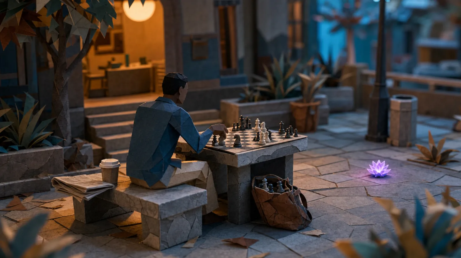 A Black man sits at a stone park chess table, seen mostly from behind, his hand hovering over a knight mid-decision, a clearly available capture left untaken on the board; a folded newspaper and a lidded takeaway cup rest on the bench beside him.