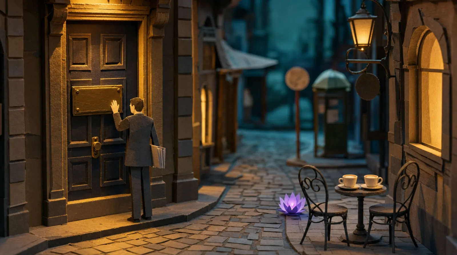 A paper-craft scene of a Melbourne laneway at dusk: a man in a suit consults a thick folder before a towering law-firm door, while around the corner two empty café chairs and two full coffee cups wait, ignored.