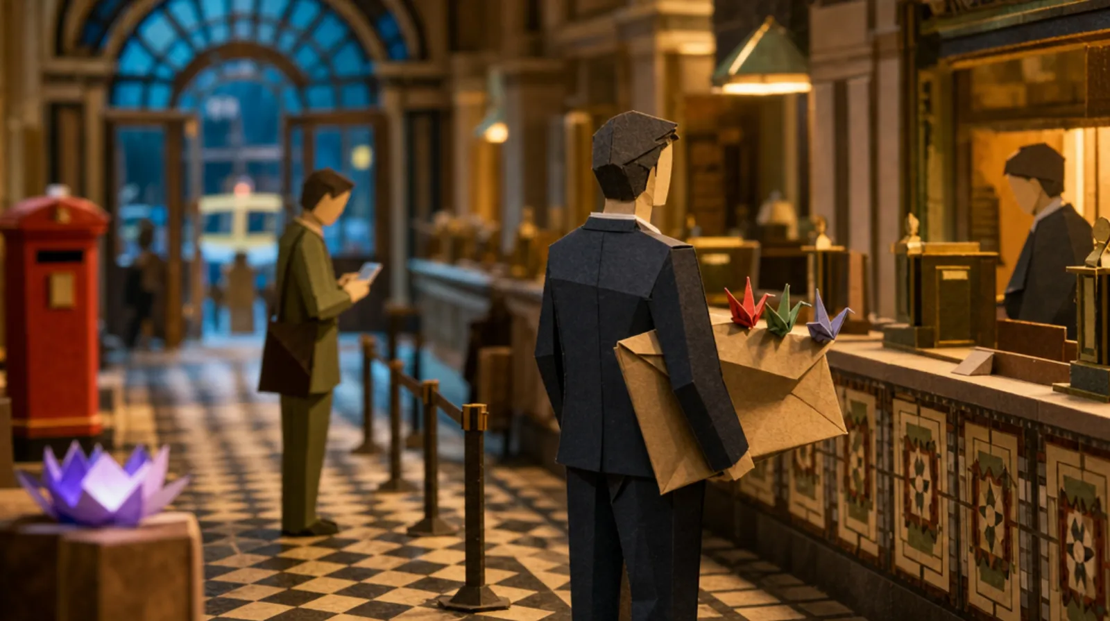A paper-craft scene inside Melbourne's Victorian-era General Post Office: a man in a dark business suit stands near the front of a service counter queue, a thick sealed envelope tucked under his arm, while two places behind him another person scrolls a phone — unaware the envelope is addressed to them.
