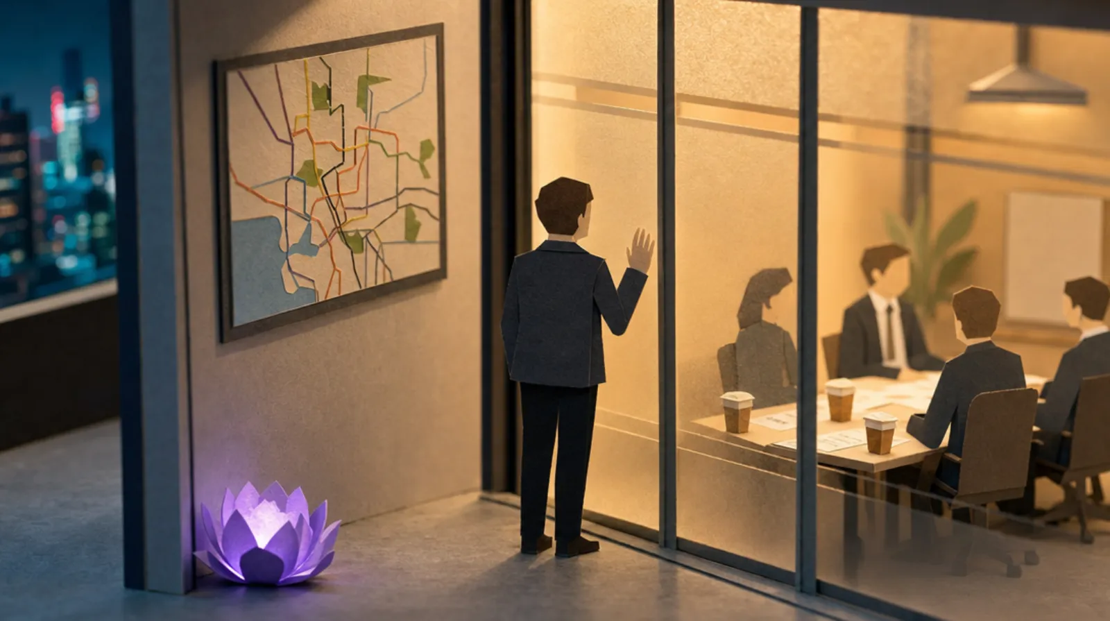 A paper-craft miniature of a man in a charcoal suit jacket standing in a dim office corridor, back to us, pressing one hand to frosted glass to peer into a warmly lit meeting room where four figures sit around a table with scorecards and takeaway coffee cups.