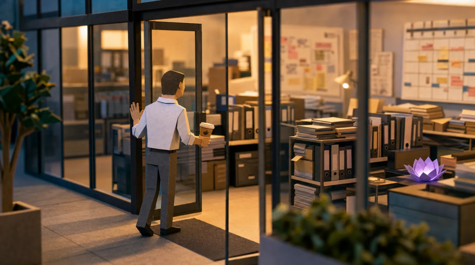 A paper-craft miniature of an Australian man in a business shirt and slacks seen from behind, one hand pressed flat against the glass door of a modern CBD office tower, a takeaway coffee cup in his other hand. Through the glass, the polished lobby gives way to an open-plan floor dense with ring-binders, a whiteboard covered in meeting notes, and a wall calendar blocked solid with recurring sessions — while the company mission statement is etched cleanly on the door in the foreground.