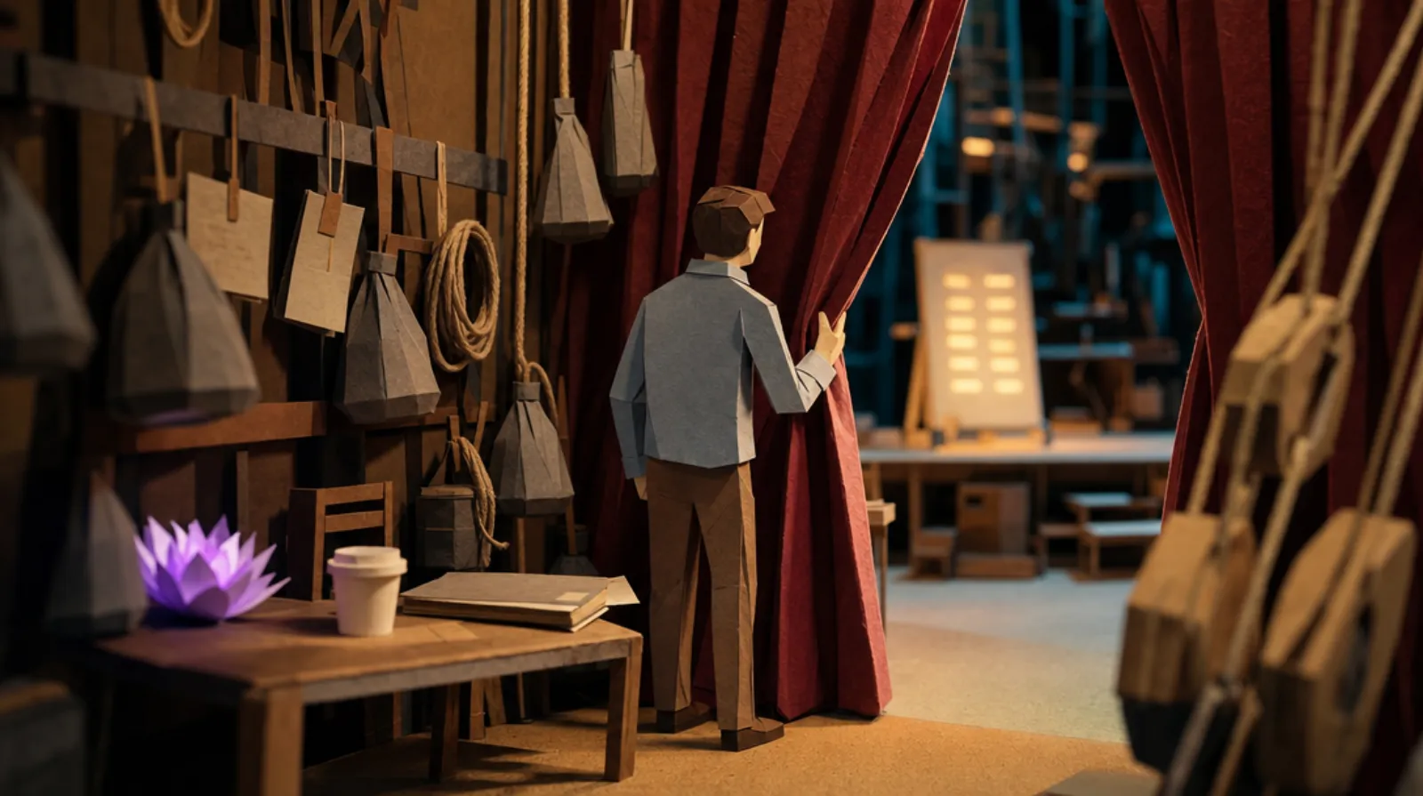 A paper-craft miniature theatre backstage: a lone figure peers through a gap in the wing curtains toward a brightly lit whiteboard bearing a list of names on the stage beyond.