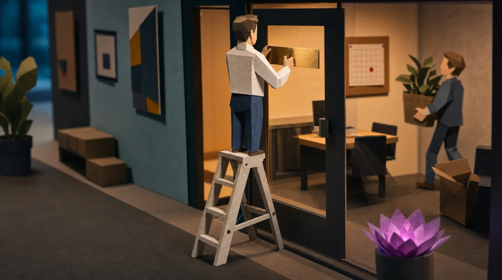 A paper-craft miniature office corridor: a small figure stands on a folding stepladder, back to camera, pressing a brass nameplate onto a glass office door, while through the glass an interior is visible with chairs pushed in and a pot plant mid-carry in the hands of a tiny departing figure, and an AFL fixture chart pinned to a board just inside the door.