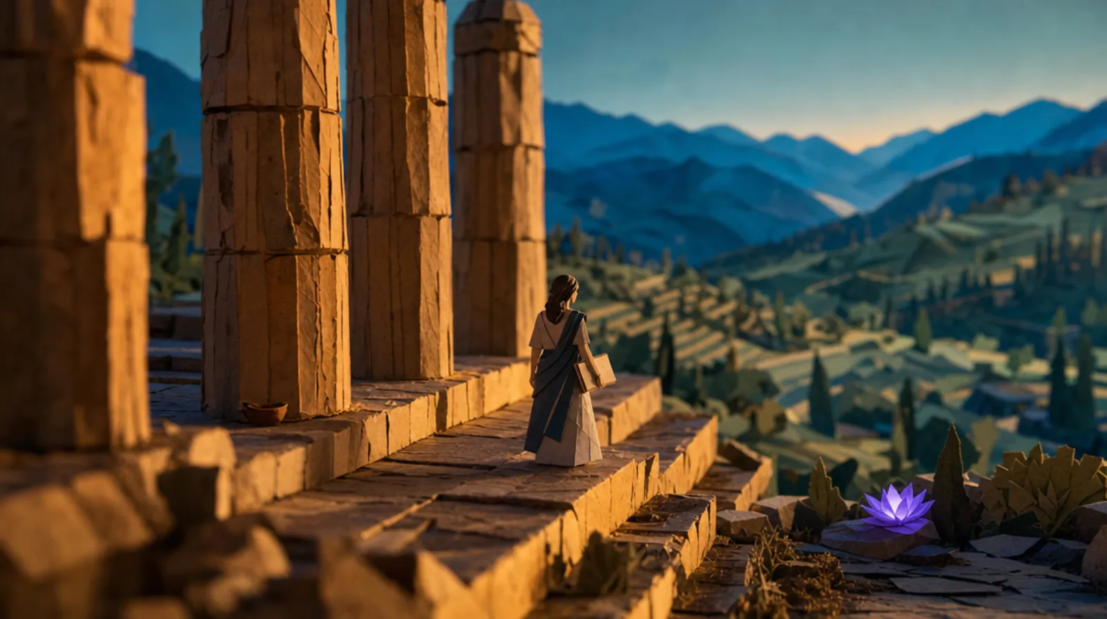A woman seen from behind stands at the worn stone threshold of an ancient Greek sanctuary, an open book held at her side, looking out across a mountain valley.