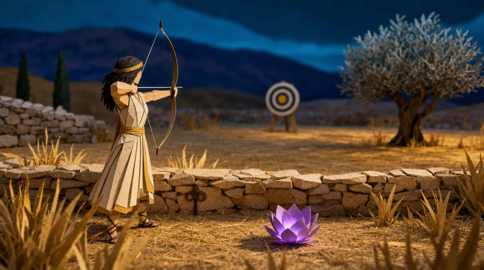 A woman, back three-quarters to us, stands at full draw on a parched-grass archery field bounded by a low limestone wall, sighting toward a distant target, every line of her posture holding the tension rather than releasing it.