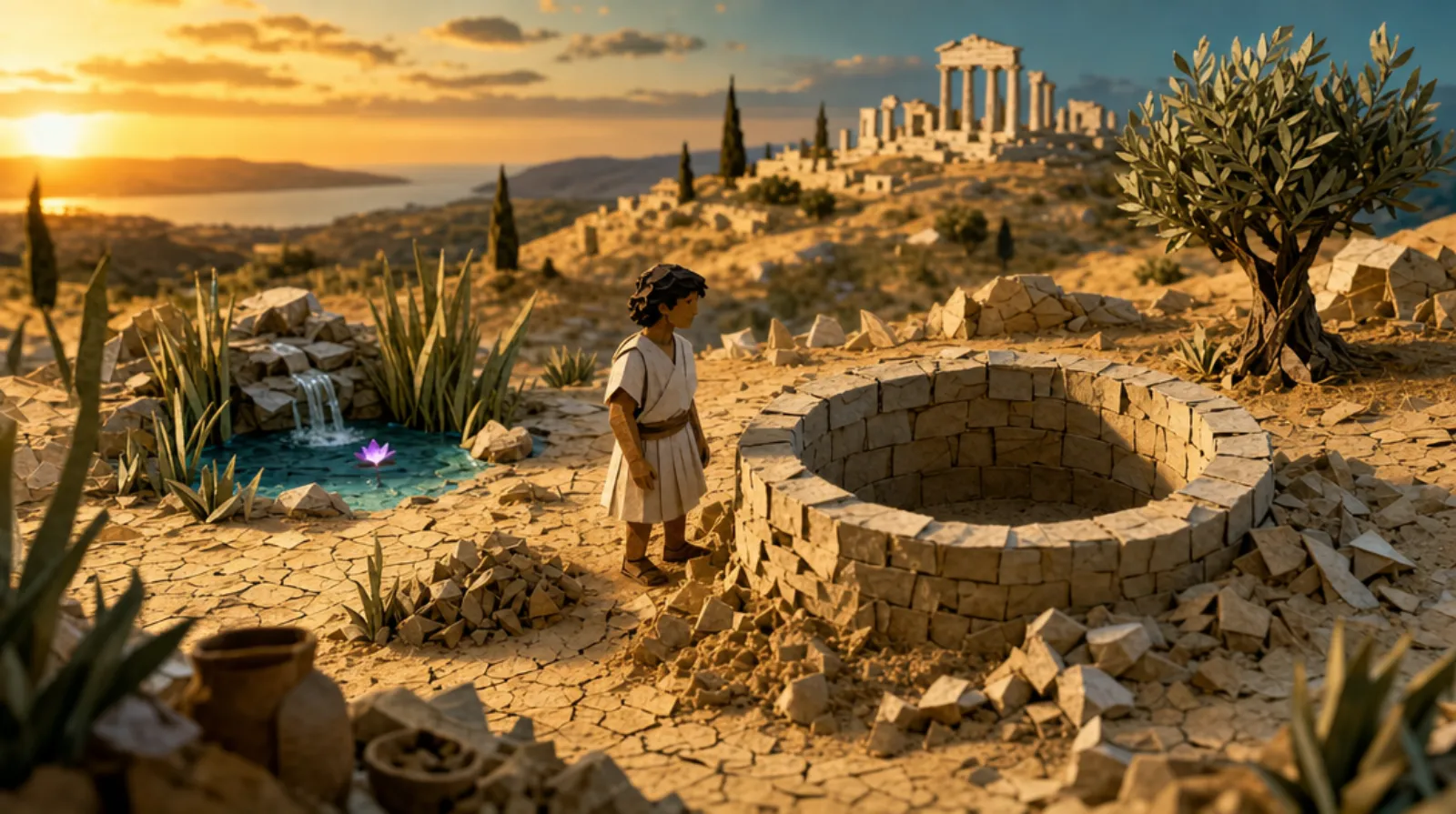 A paper-craft scene: a figure beside a deep, perfectly dug stone well in cracked earth — bone dry — while a clear spring bubbles up among reeds just behind them.