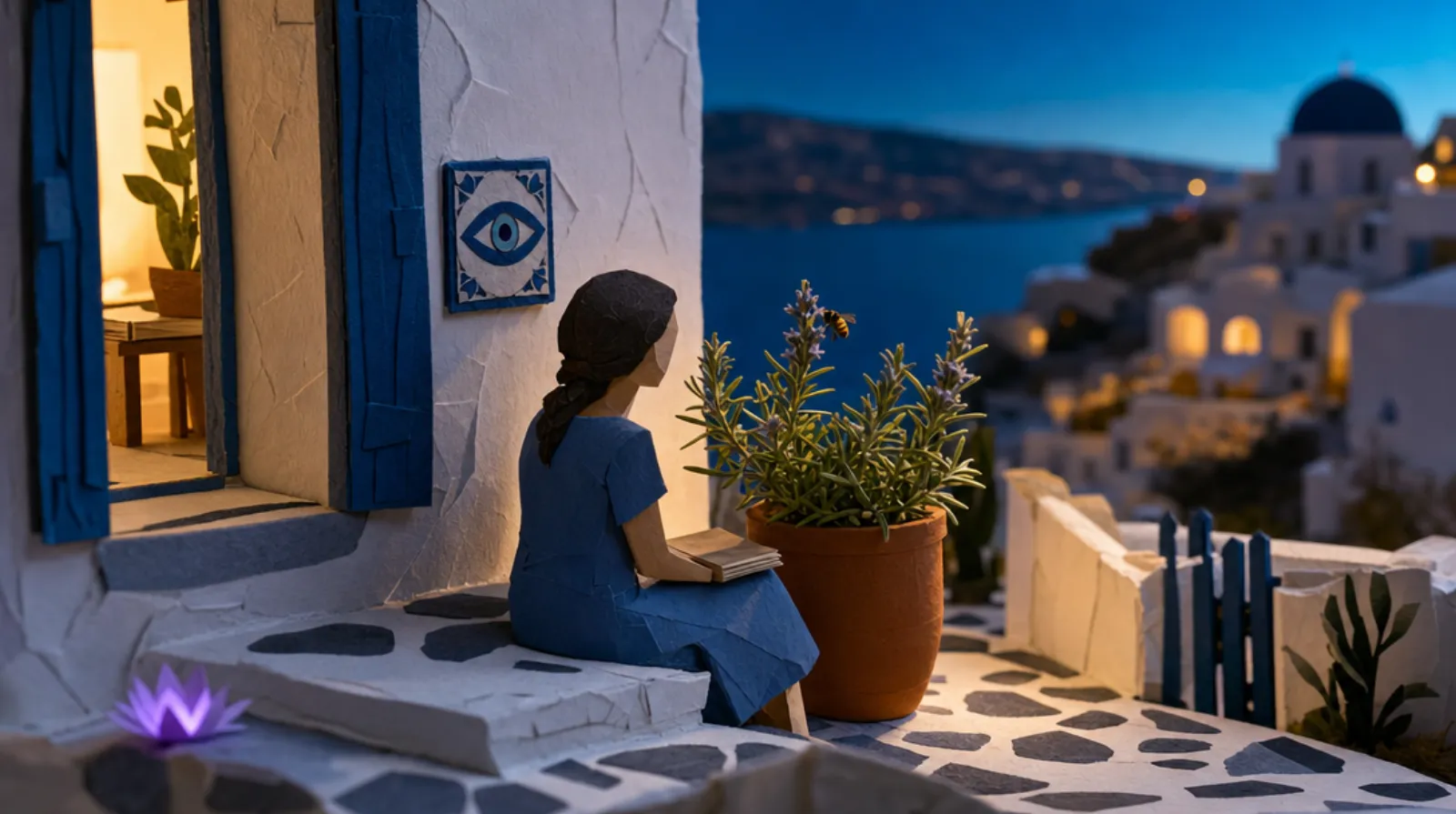A paper-craft scene: a Mediterranean woman sits at a whitewashed stone courtyard wall, back to the viewer, watching a single bee settle on a rosemary flower spike in a terracotta pot beside her.