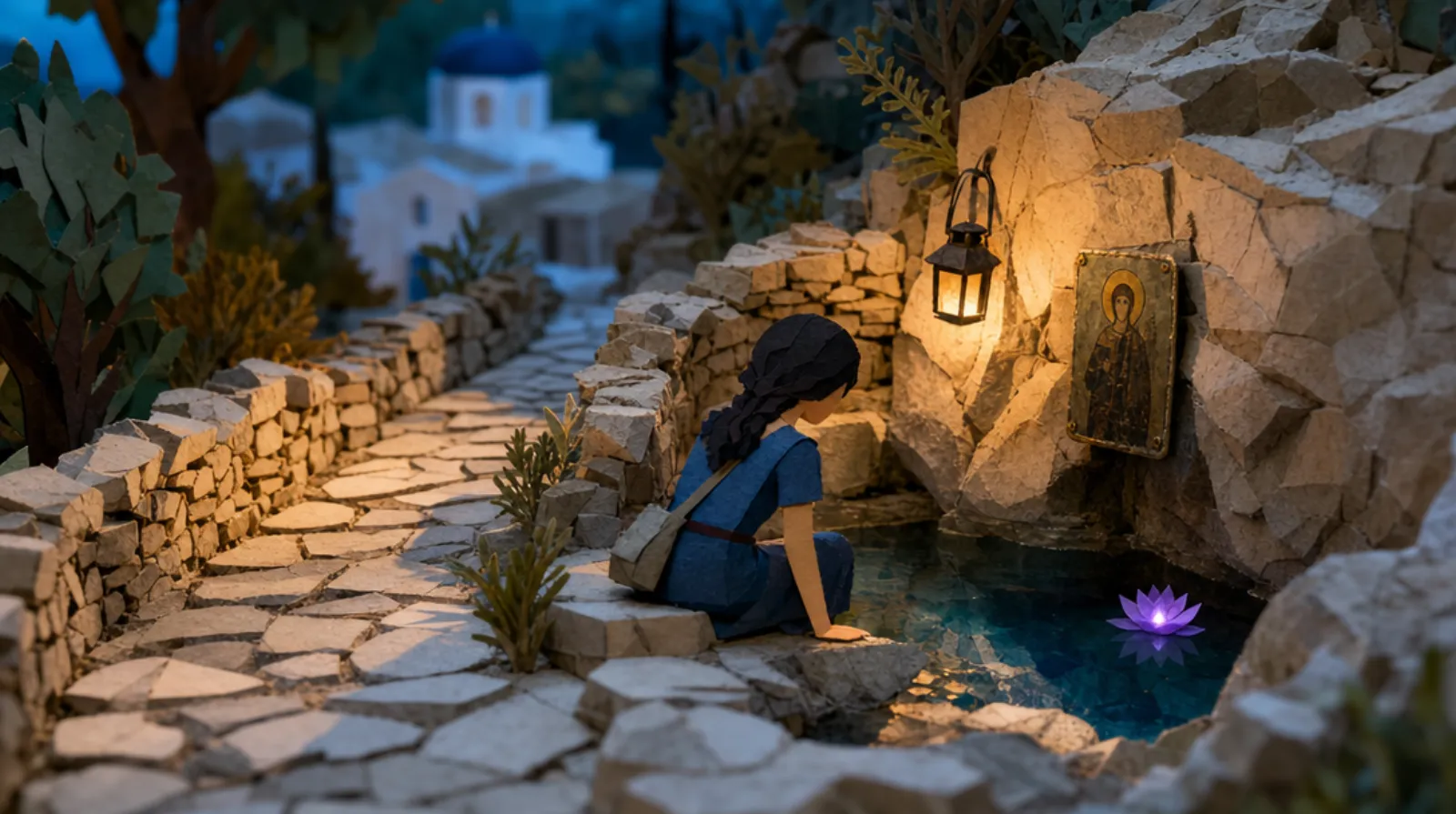A Mediterranean woman crouching at a small natural spring in a Greek hillside, looking into the still water rather than drinking from it.