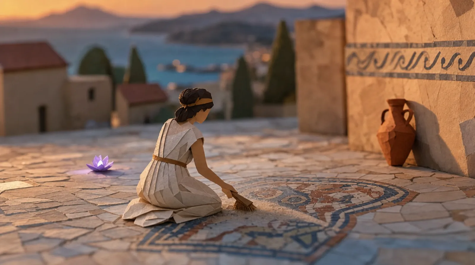 A Mediterranean woman kneeling in a stone courtyard, face turned toward the ground, brushing dust from a mosaic already set into the flagstones.