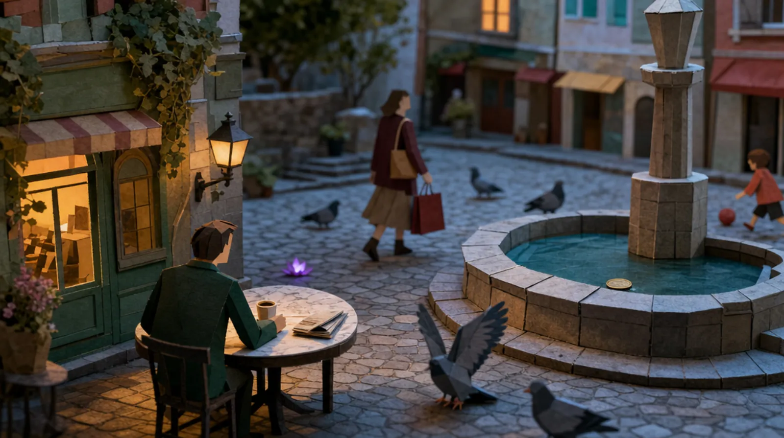 An Irish man sits alone at a marble-topped café table in a small cobblestone square, back to the viewer, coffee cup in front of him, everything else in the square in gentle motion around his stillness.