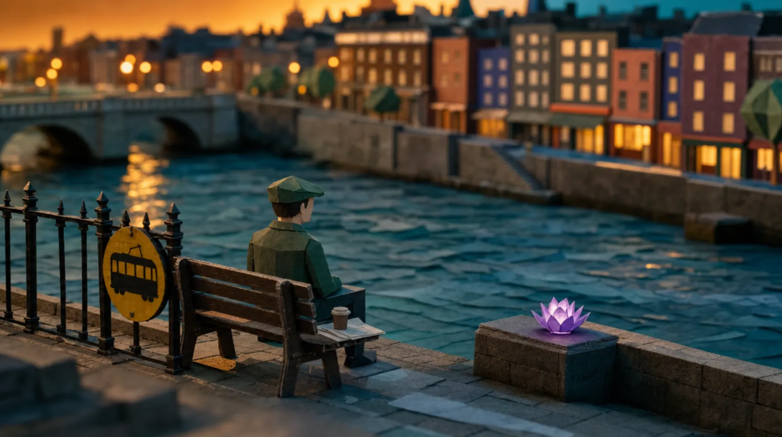 An Irish man sits on a wooden bench at the edge of a stone riverside quay, back to the viewer, a folded paper itinerary pinned flat under his coffee cup on the bench beside him, the water wide and unhurried in front of him.