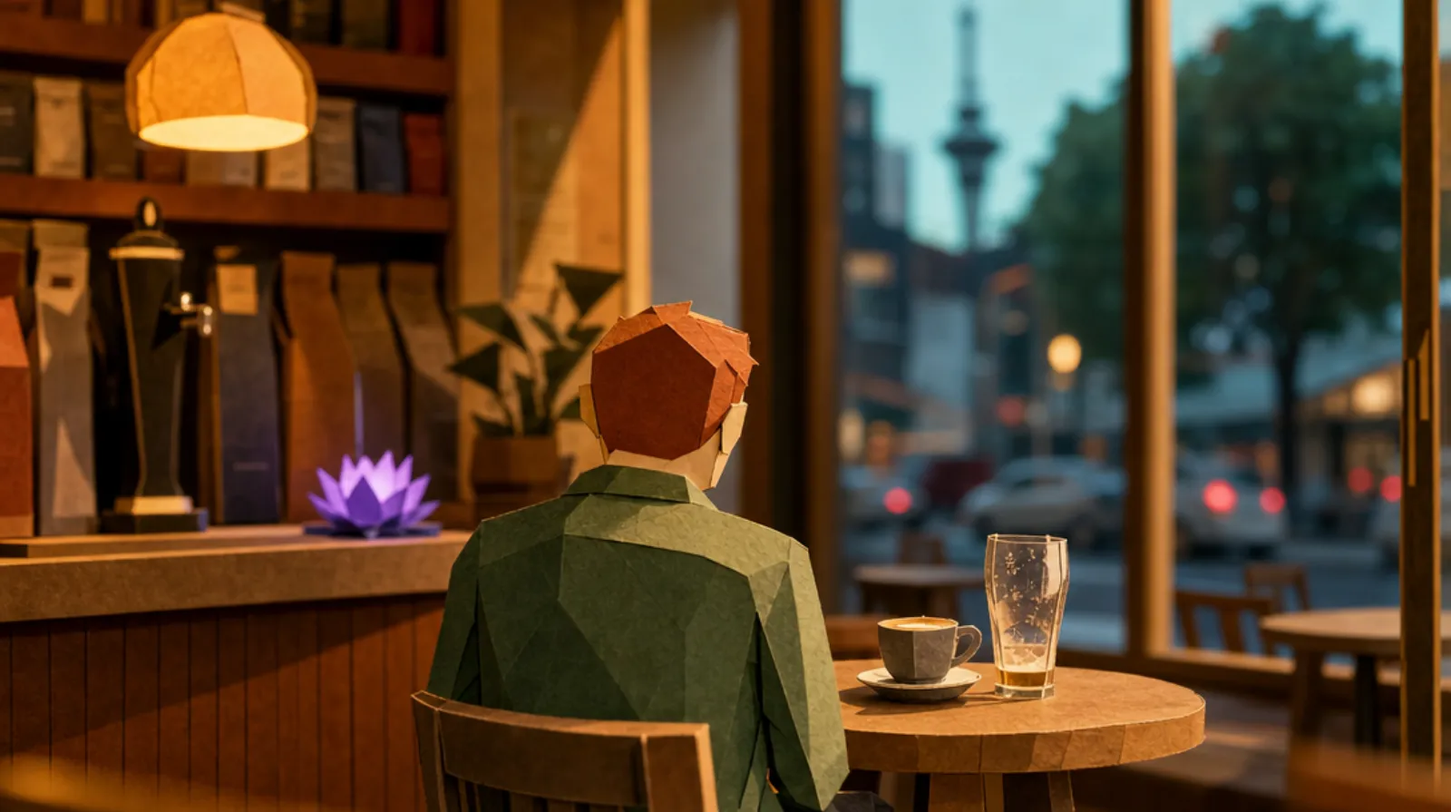 A small figure seated at a café table with a flat white and a near-empty pint glass beside it, back turned, looking out a large window in a warm Auckland café with a single Guinness tap on the shelf behind the counter.