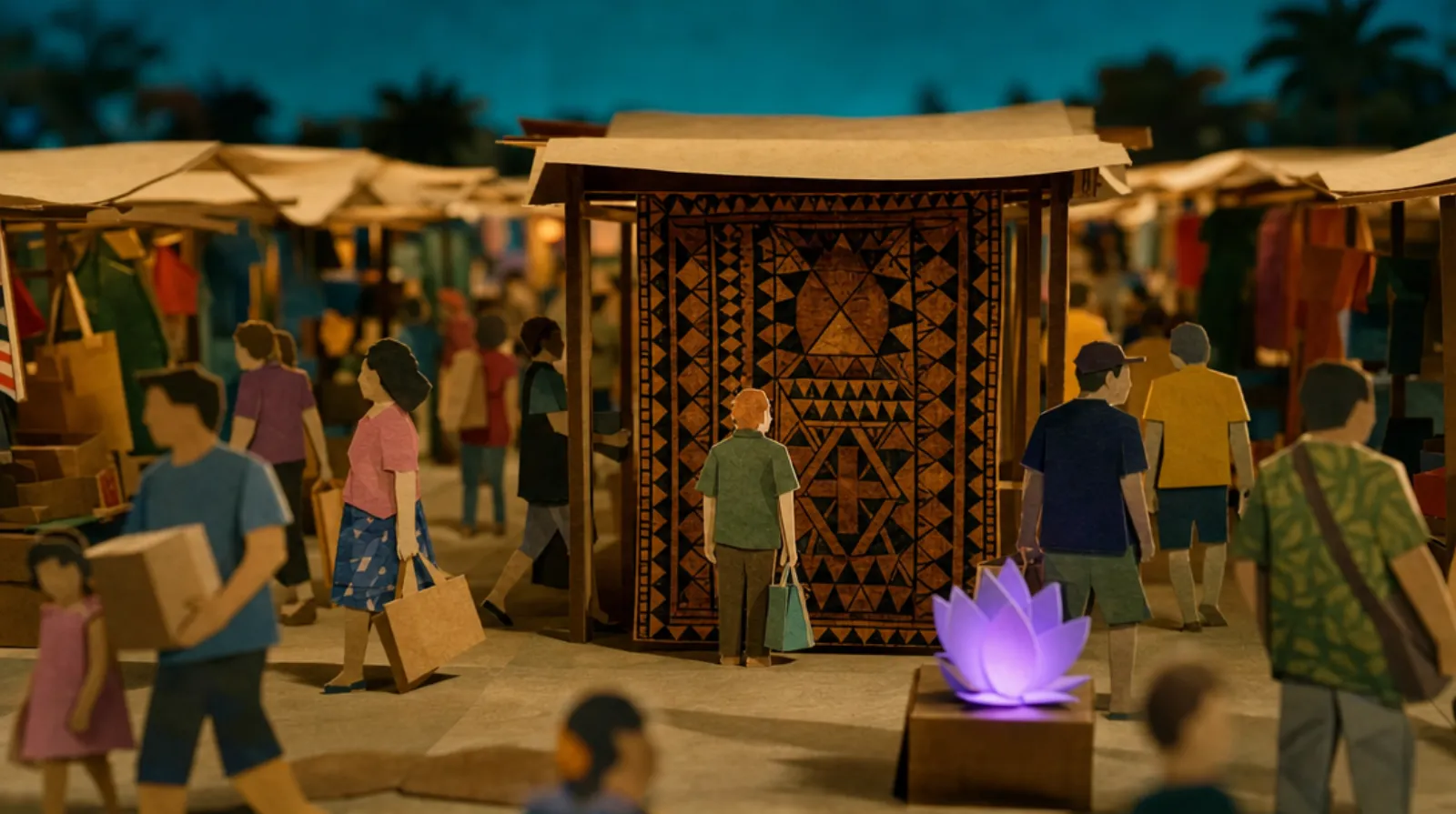 A small Irish man figure, back turned, stopped mid-stride in a busy open-air market, looking up at a large patterned tapa cloth hanging from a stall frame, surrounded by other small figures moving purposefully past him.