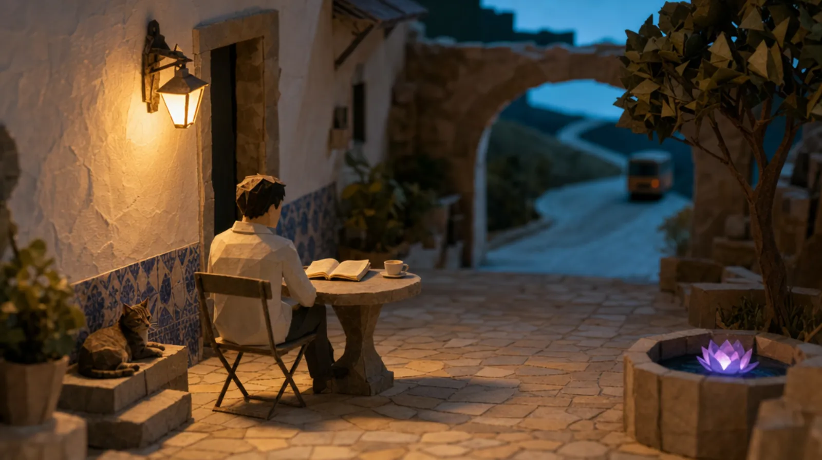 A man sitting with his back to the viewer at a small stone café table in a sunbaked Portuguese village square. On the table: an open paperback and an espresso cup. A band of blue-and-white azulejo tile runs along the whitewashed café wall. Through a low arch at the far end of the square, a road winds into distant hills with a bus barely visible retreating into the distance.