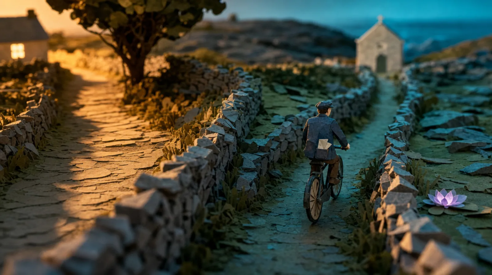 An Irish man on a bicycle seen from behind at a fork in a narrow Aran Islands boreen, dry-stone limestone walls on both sides, having taken the quieter path toward a small unnamed roadside oratory barely visible at the end of the lane, a well-creased folded map half-tucked into the back pocket of his jacket.