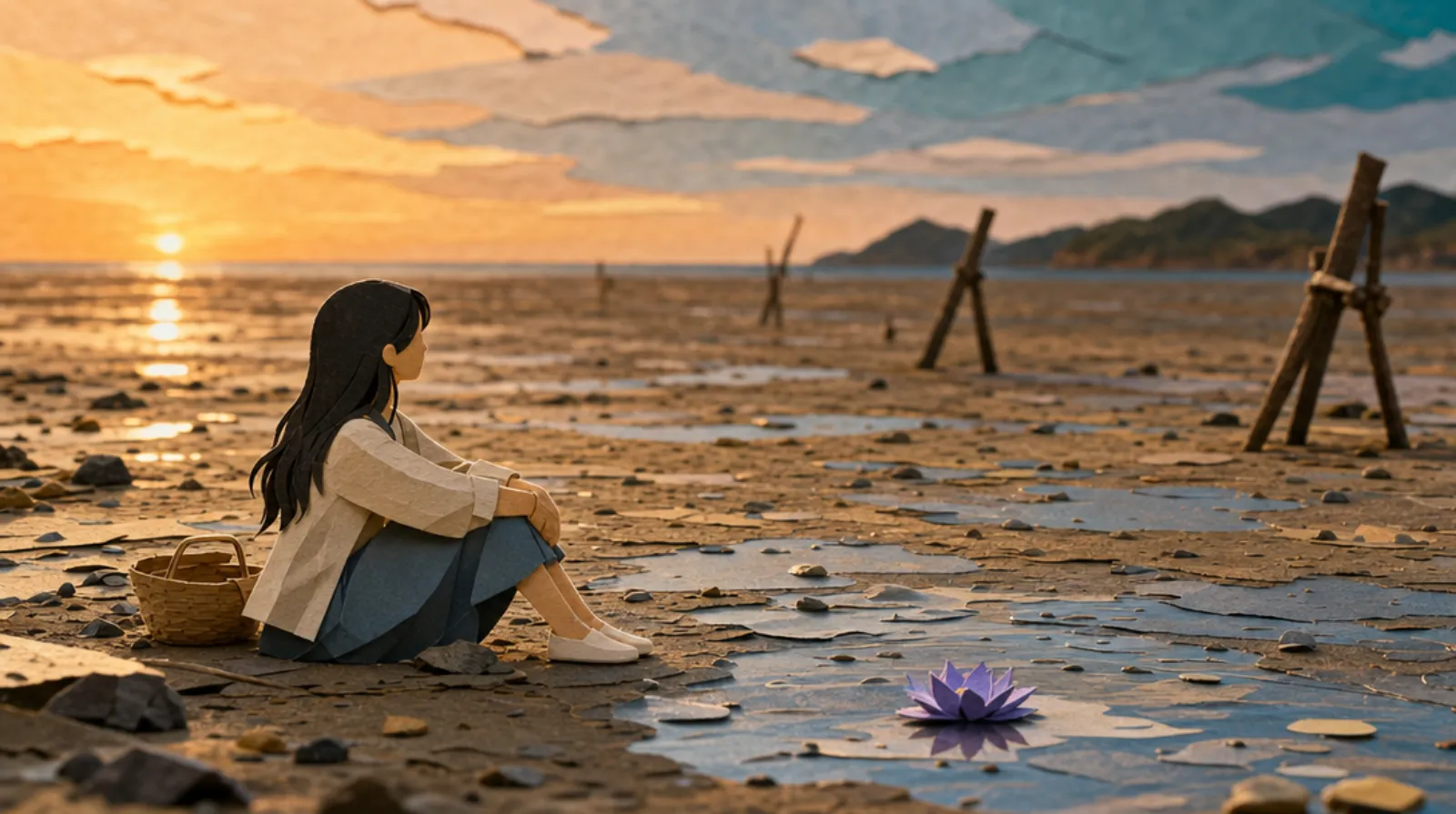 A paper-craft Korean tidal flat at low tide — the sea pulled far out, a woman resting calmly on the exposed sand, waiting for the water to return.