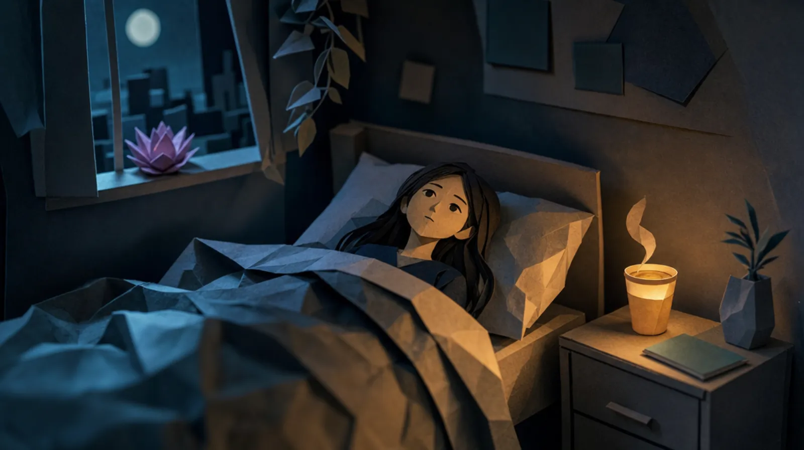 A paper-craft dark bedroom at night: a woman lying wide awake, eyes open, while a single coffee cup still glows warm on the bedside table.