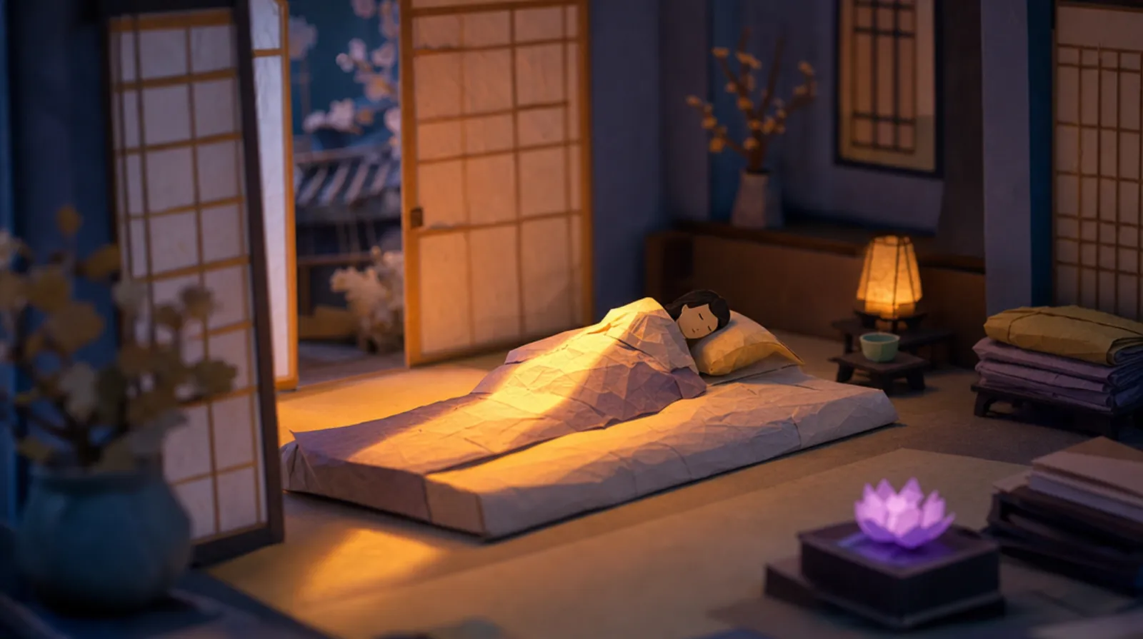 A paper-craft Korean bedroom before dawn: a woman asleep on a low floor bed, fully bathed in a warm band of arriving pre-dawn light while the rest of the room stays cool and blue.