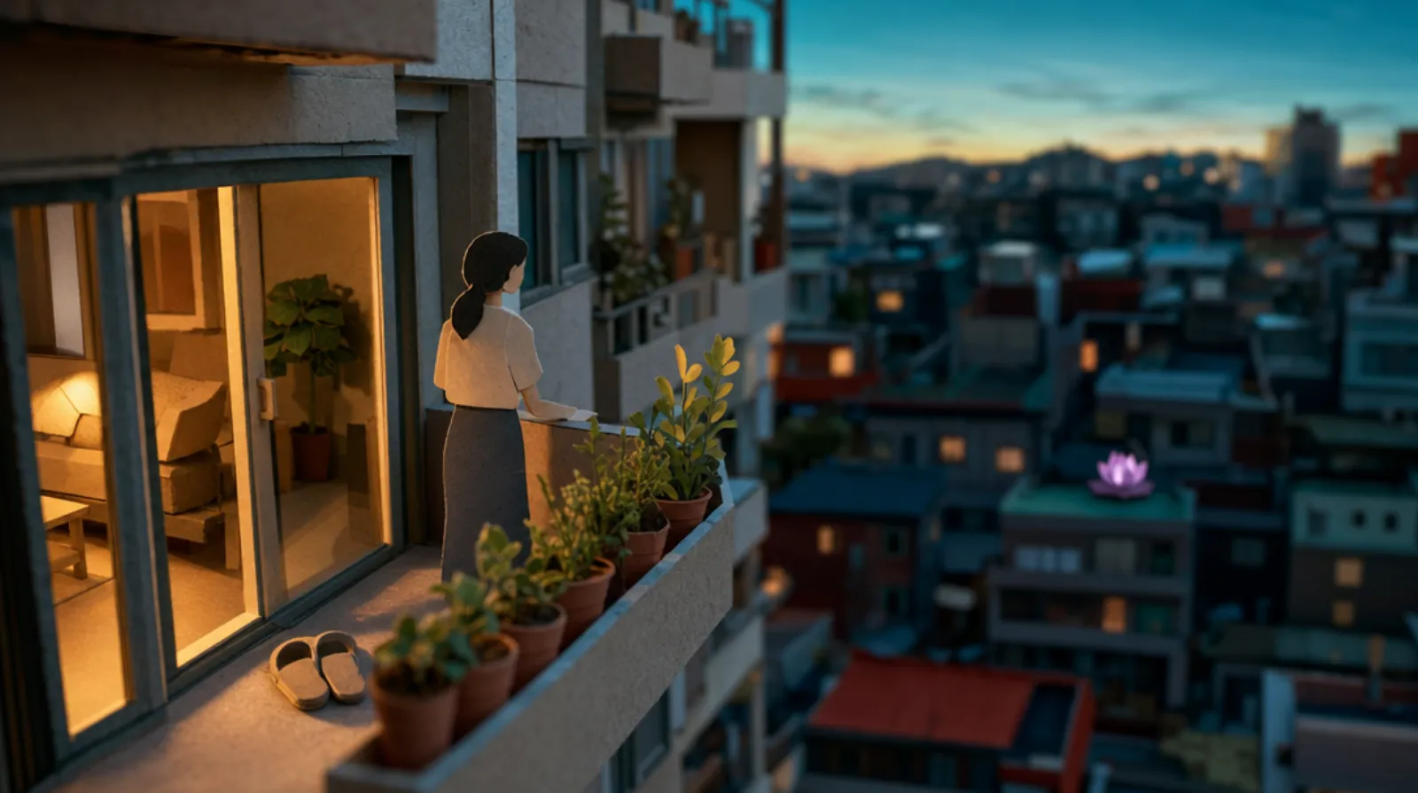 A paper-craft Korean apartment balcony in early morning: a small woman with her face turned toward the brightening sky, a row of clay herb pots along the railing, a pair of worn house slippers arranged neatly by the sliding door.