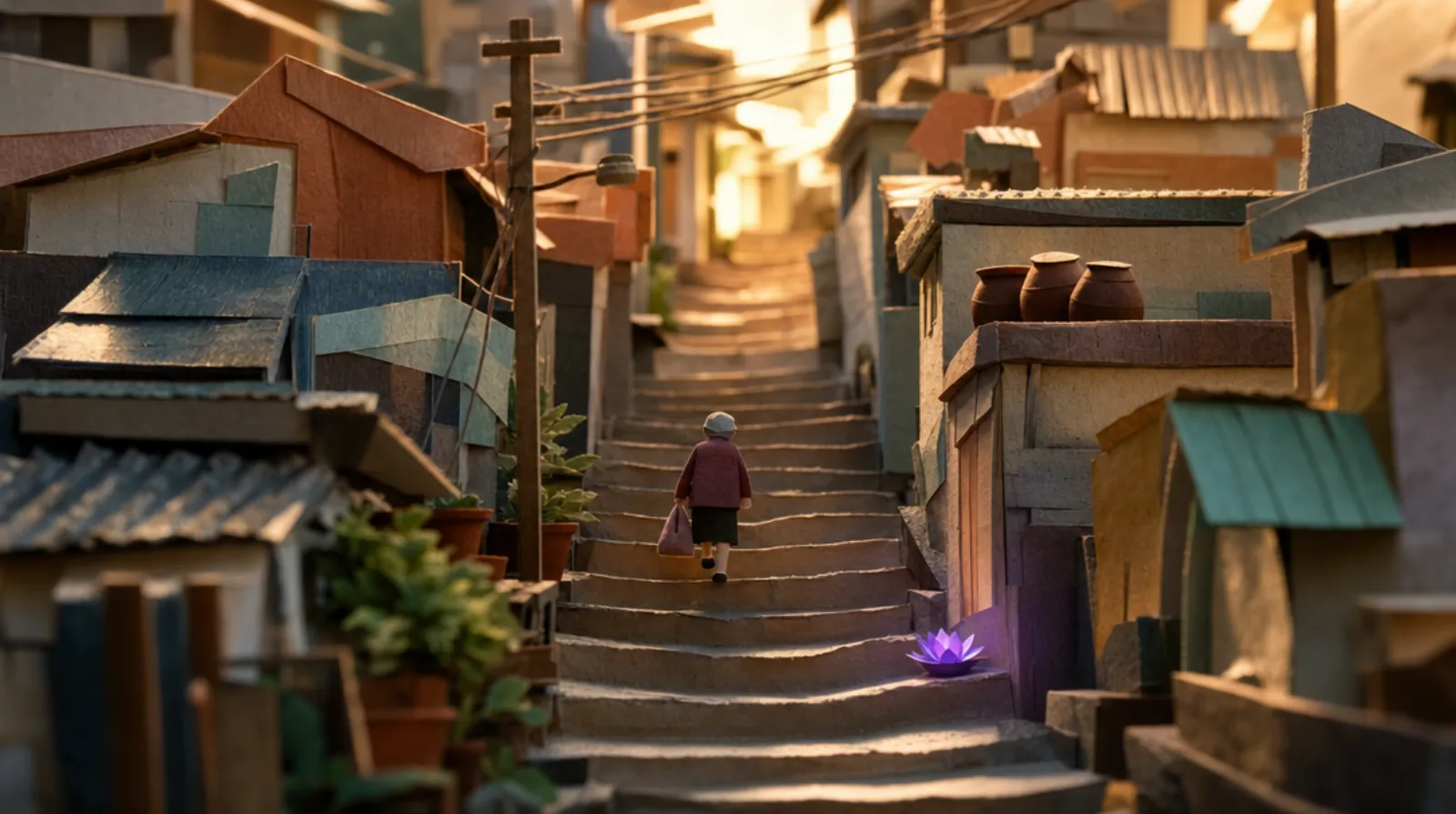 A paper-craft Seoul hillside alley-stairway at dawn: an elderly woman seen from behind climbs stone steps worn smooth in the centre by decades of feet, a market bag in one hand.