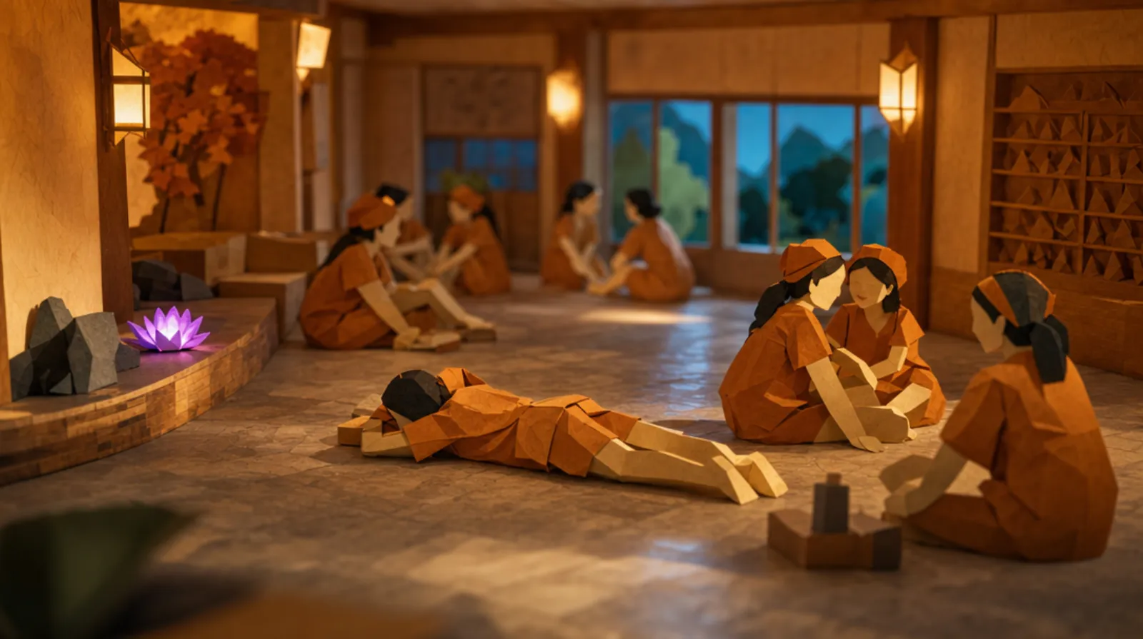 A paper-craft Korean jjimjilbang rest hall: a woman in burnt-orange shorts and top lies face-down on the smooth heated stone floor, seen from above at a gentle angle, her face turned away, while other women in matching uniforms chat in small clusters nearby.