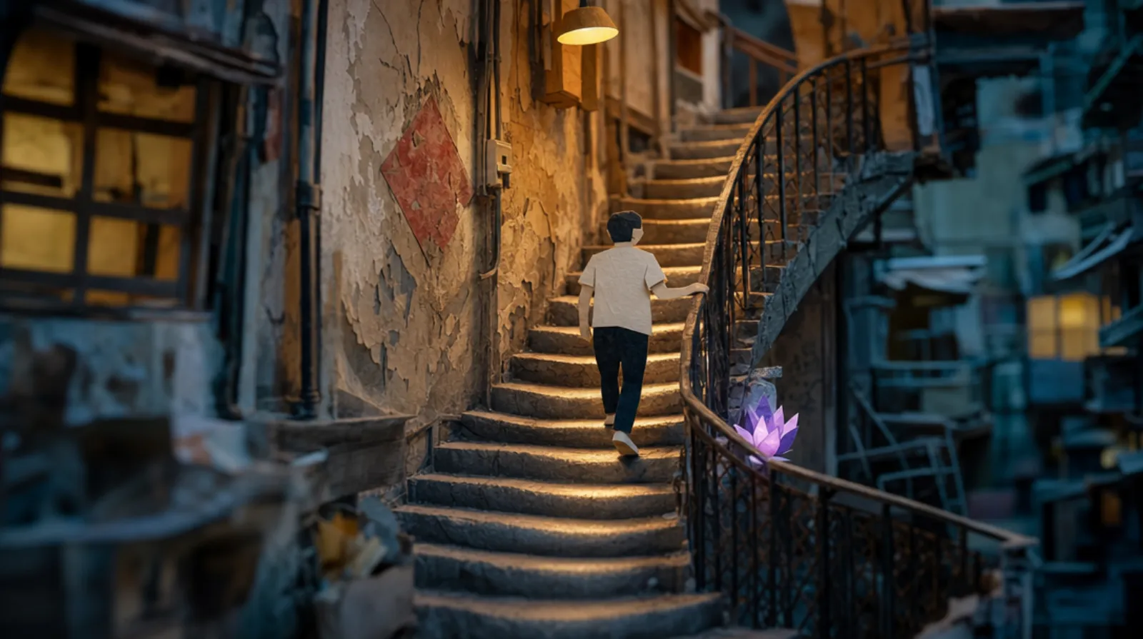 A paper-craft scene: worn concave stone steps in a Hong Kong tenement stairwell, a small figure seen from behind partway up, a faded red blessing paper pinned to the wall beside the landing.