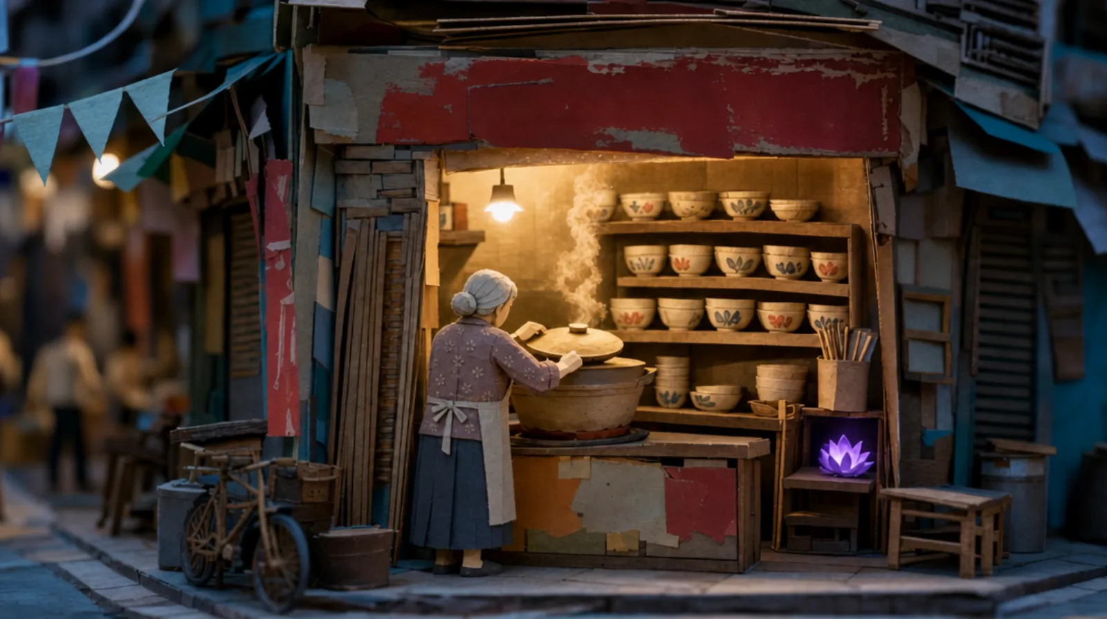 A paper-craft miniature of a narrow Sham Shui Po cooked food stall, an elderly Cantonese woman seen from behind adjusting the lid of a clay sand pot at the counter, identical ceramic soup bowls stacked in precise rows on the shelf behind her, a faded hand-painted red signboard with Cantonese characters above the entrance.