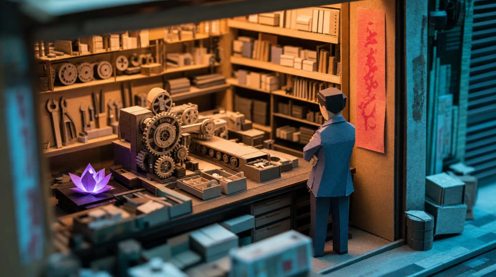 A paper-craft miniature of a cramped but orderly Hong Kong back-street workshop, a Cantonese man seen from behind watching a compact clockwork mechanism run itself, tools arranged in clear sequence around him.