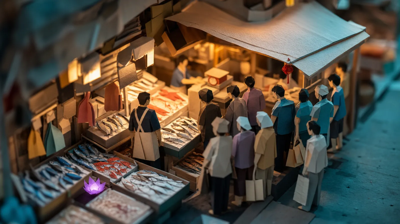 A paper-craft miniature Hong Kong wet market fish stall at peak morning, ice trays packed with fish stretching deep into the stall, customers queuing several people deep at the single worn counter scale, a Cantonese man in a work apron standing mid-stall with his back to us watching the queue build at the one point where work actually moves.