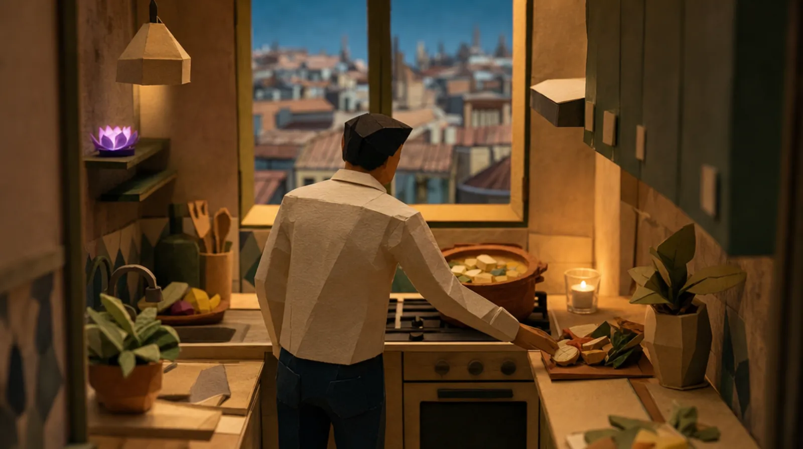 A man in a Barcelona kitchen, back to camera, leaning over a clay pot of ajiaco and reaching for a missing ingredient on the counter beside it.