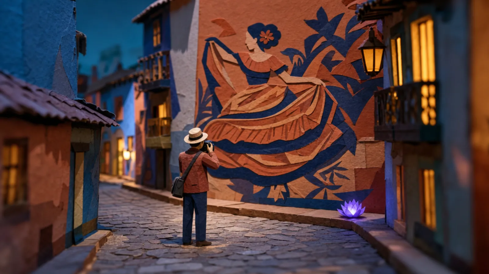 A Colombian man, back to camera and small in frame, holds a compact camera to his eye to photograph a large hand-painted mural on a cobblestone lane in La Candelaria, Bogotá, his face hidden behind the viewfinder.