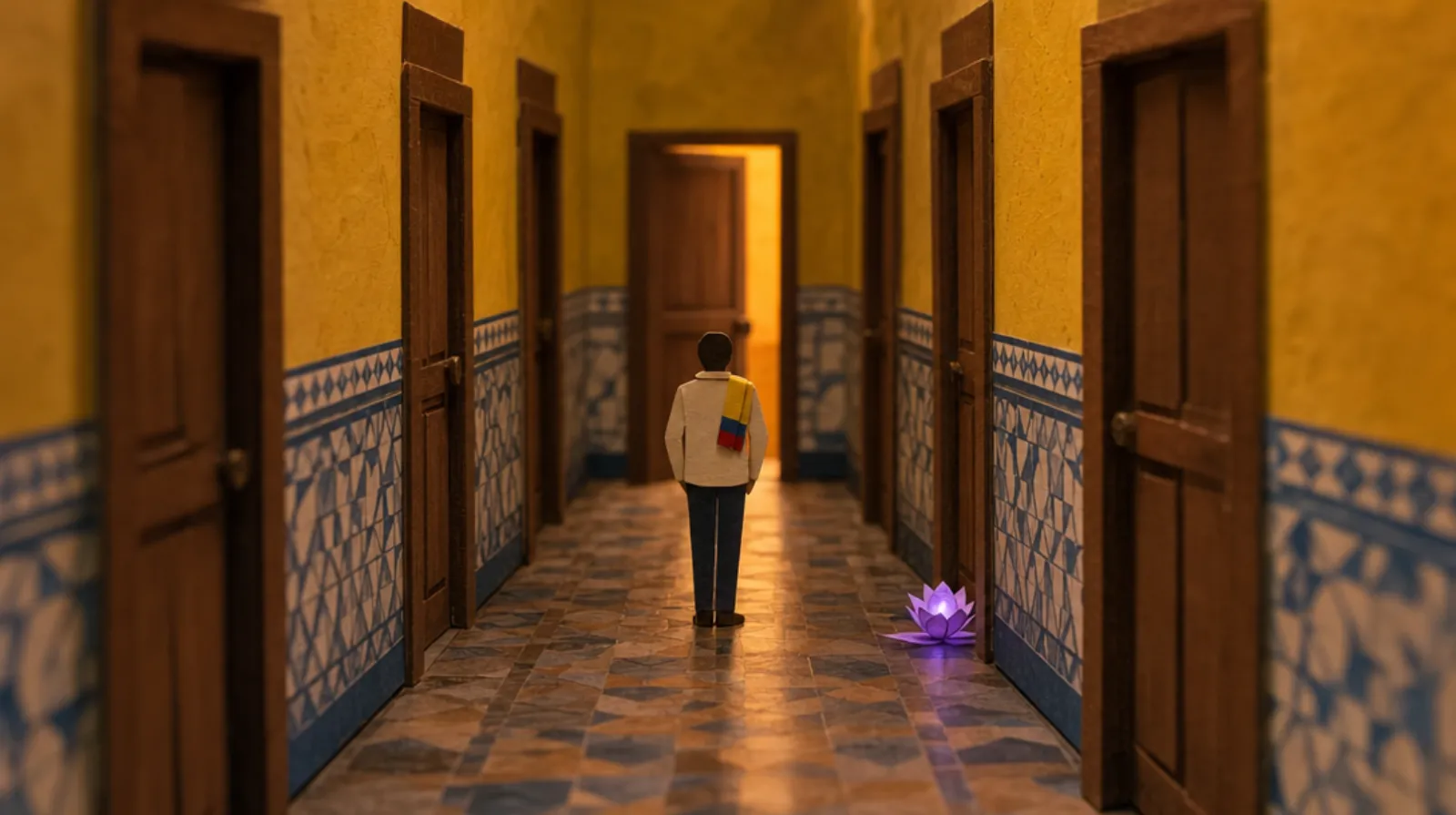 A paper-craft scene: a small figure at the far end of a long corridor of closed doors, one door ajar with warm amber light spilling through, the ochre-painted walls lined with hand-painted azulejo ceramic tiles in the style of a Bogotá colonial building.