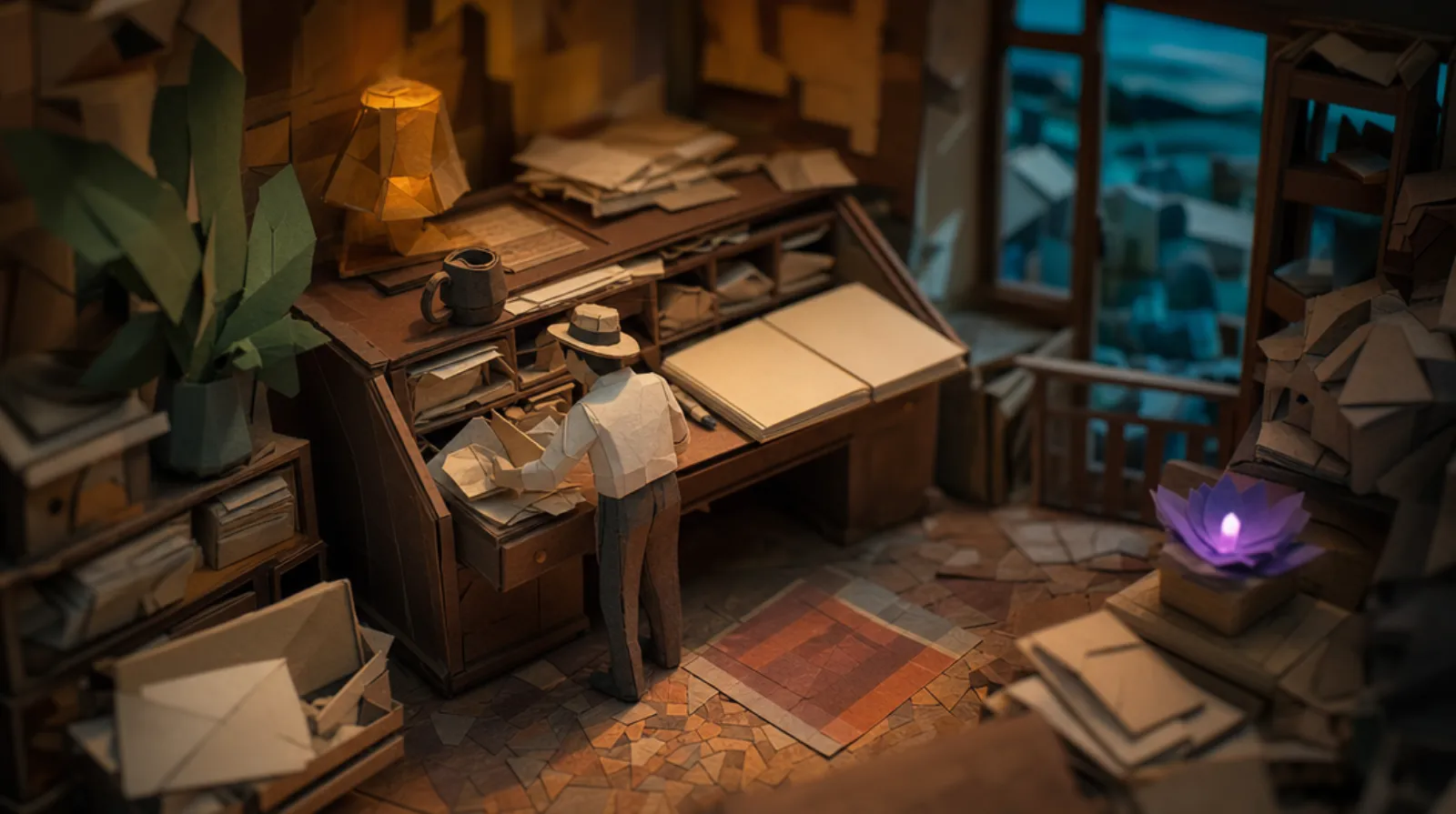 A paper-craft scene: a Colombian man, small and back-turned, pushing a folded scrap of paper into an already-overstuffed wooden drawer at a rolltop desk, the drawer jutting open with curling clippings and unread notes, a handmade La Chamba ceramic mug of tinto steaming at the corner of the desk.