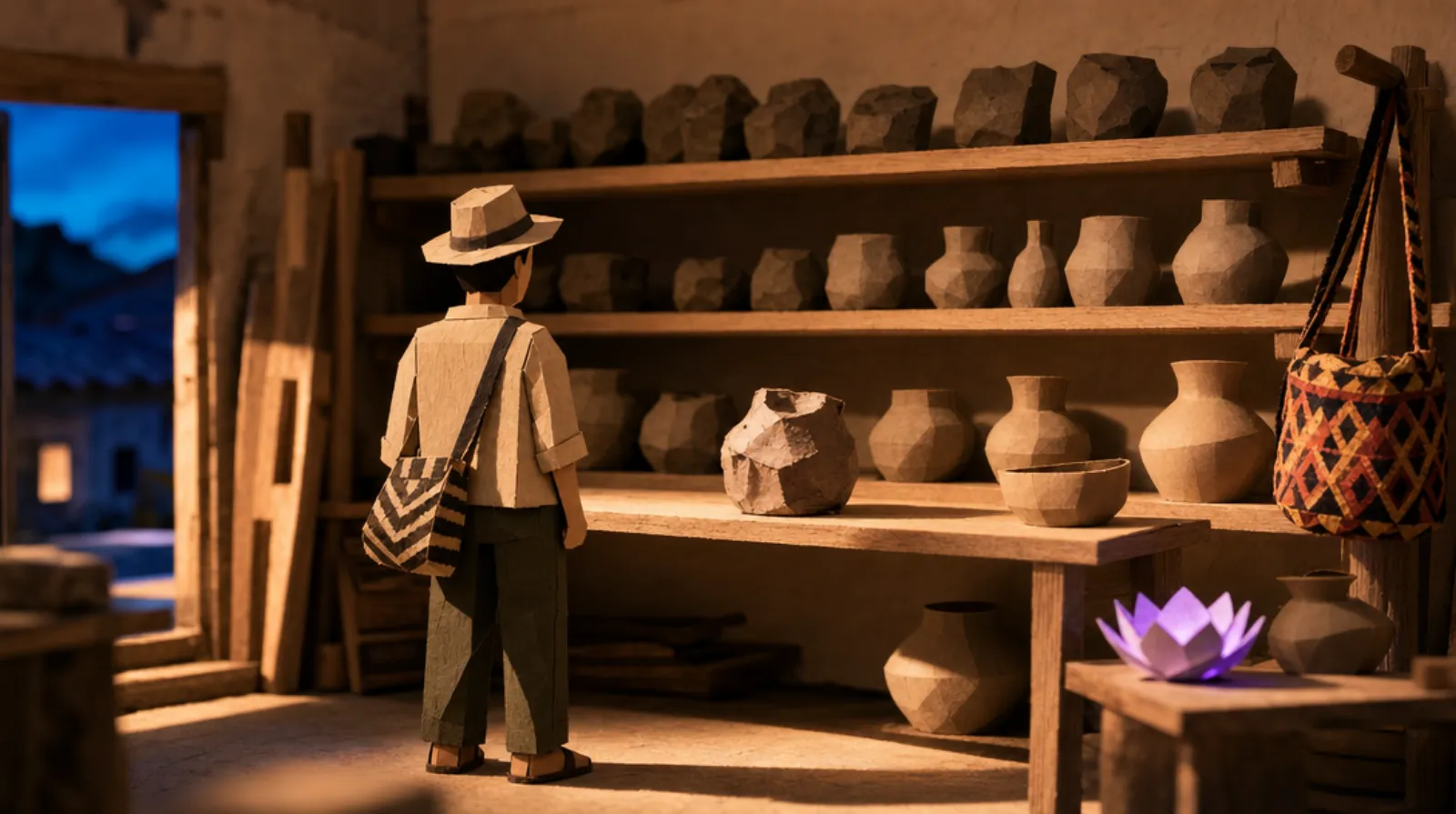 A Colombian man stands with his back to us, examining a lopsided clay pot on a workshop shelf, while rows of increasingly refined ceramic vessels fill the shelves behind him.