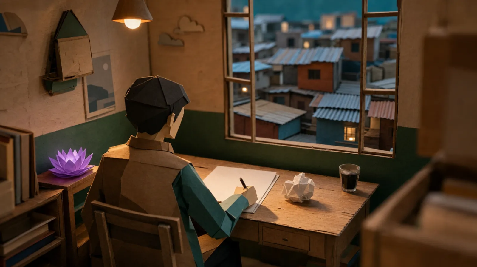 A Colombian man sits with his back to us at a worn wooden schoolroom desk, a crumpled first draft resting beside his hand and a fresh page beginning in front of him, with a small glass of tinto on the corner of the desk and corrugated rooftops of a Bogotá barrio stacked in layers through the window behind him.