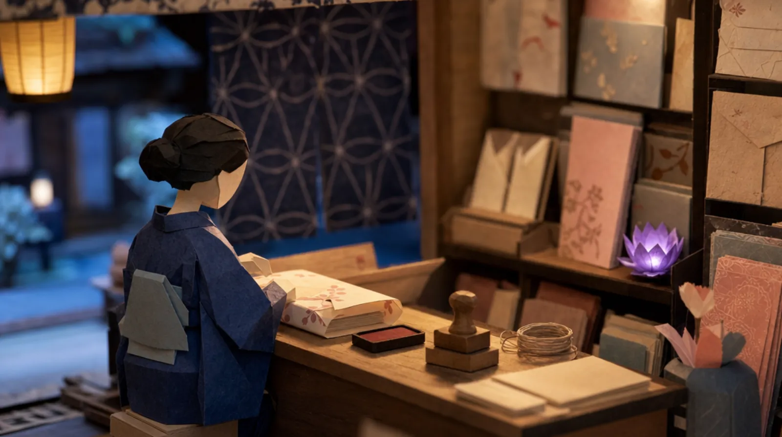 A paper-craft miniature of a small Japanese stationery shop interior, where a woman seen from behind adjusts the fold of wrapping paper around a stack of letters at a low wooden counter, a noren curtain visible in the background.