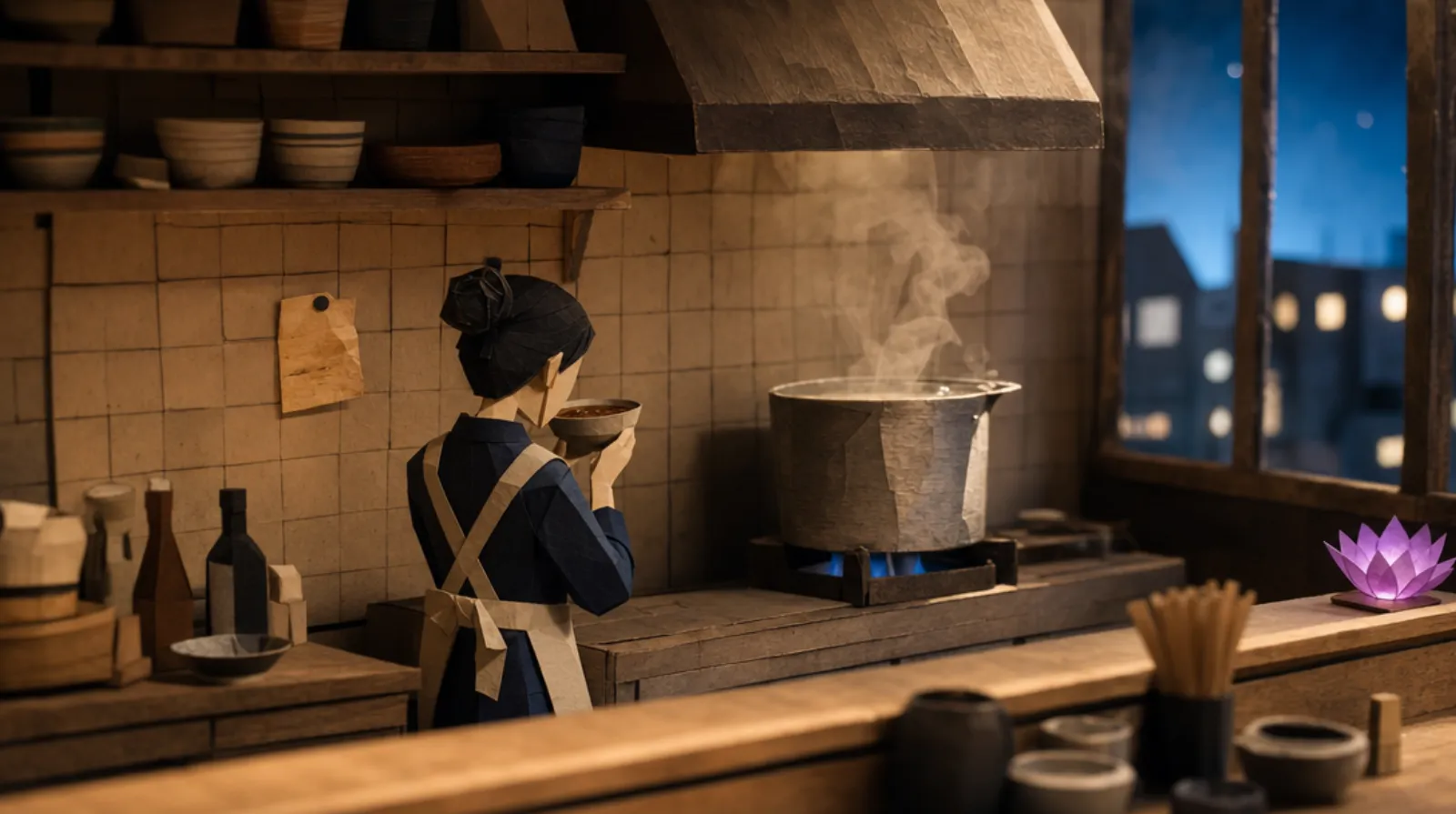 A paper-craft miniature of a spare Japanese ramen kitchen after service hours, where a Japanese-heritage woman, back turned and small in the lower portion of the frame, holds a ceramic bowl of dark broth up to her face to smell it, a worn handwritten recipe card pinned to the tiled wall behind her beside a single large steel pot.