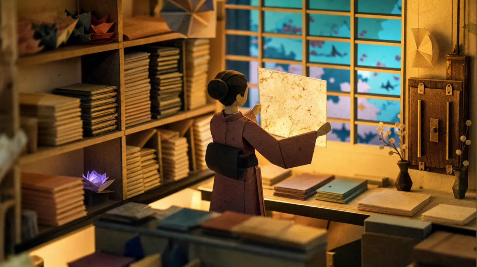 A woman in a Kyoto washi paper shop holds a single sheet up to the light from a tall shoji window, her face turned away, examining the fiber pattern only visible when backlit.