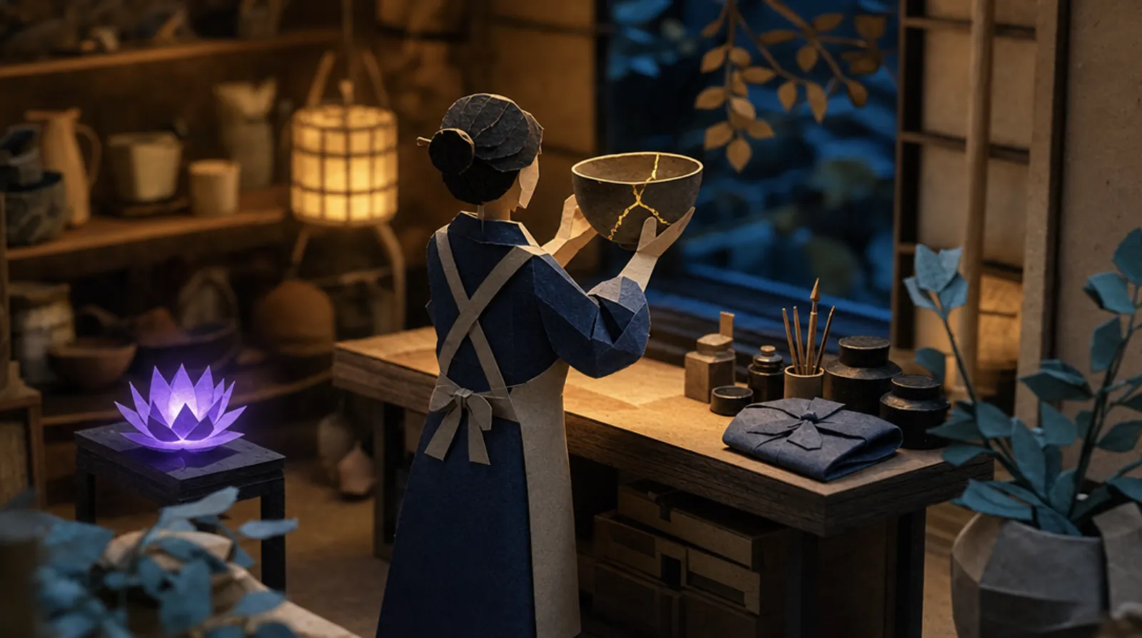 A Japanese-heritage woman in a kintsugi repair workshop stands at a wooden worktable with her back to us, holding a mended ceramic bowl aloft so the gold-lacquered seam is fully visible; a folded furoshiki cloth and small lacquer pots sit among the tools beside her.