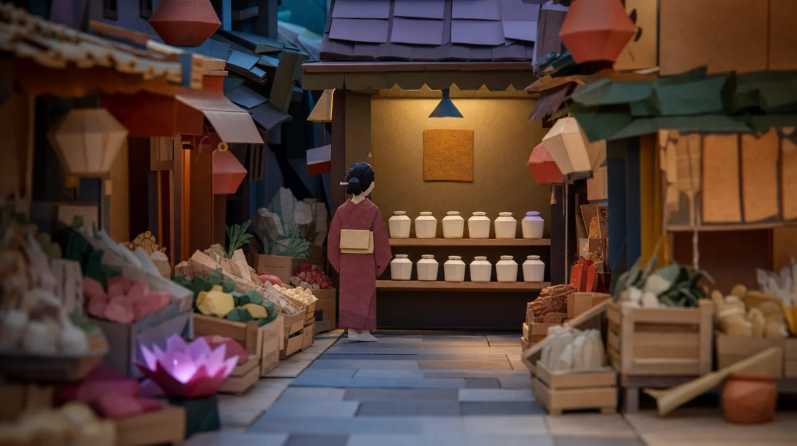 A Japanese-heritage woman stands at the far end of a narrow covered market lane, her back to the viewer, looking at a sparse shelf of plain white jars, one jar set apart by the faintest variation in its glaze.