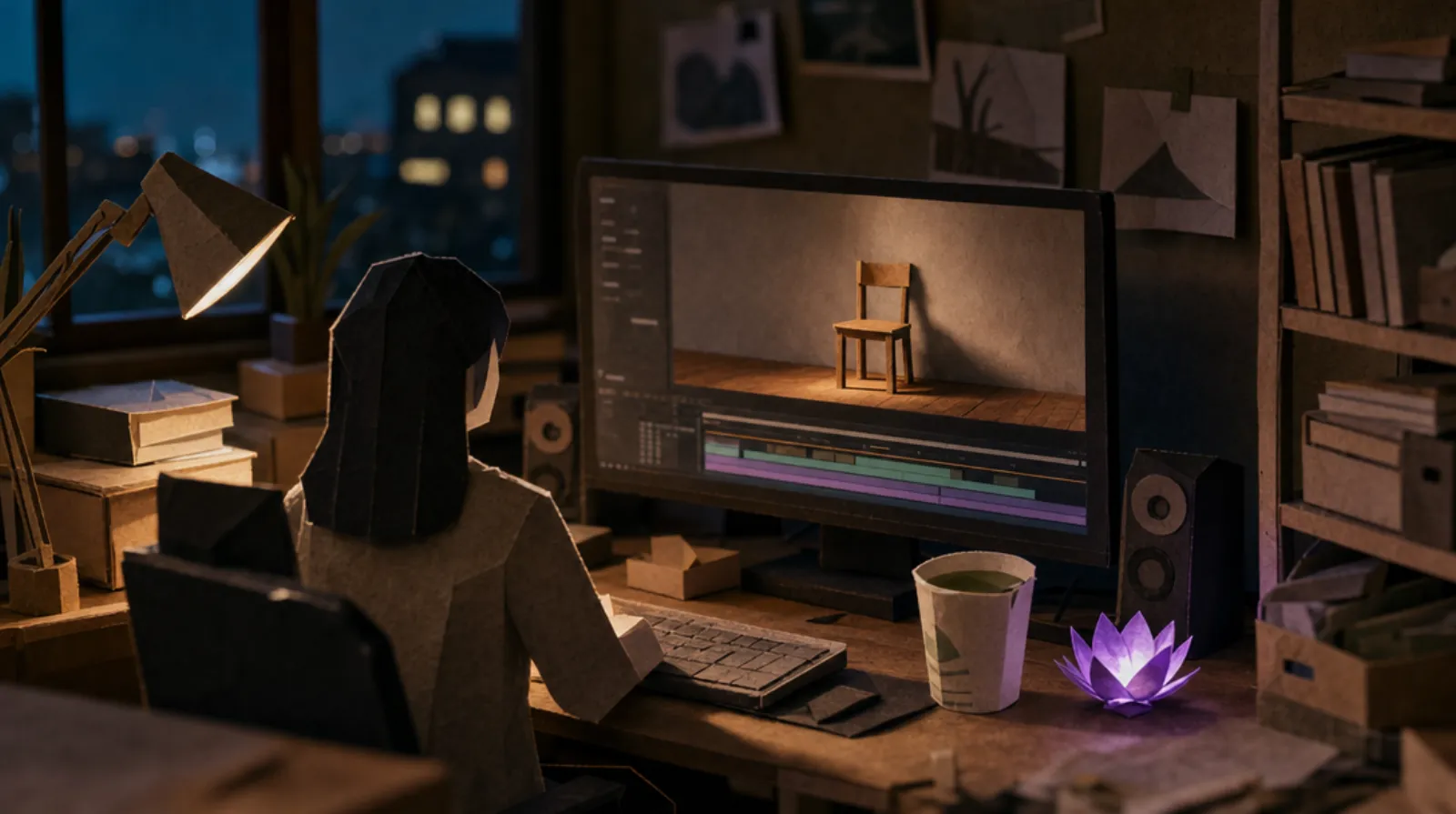 A Japanese-heritage woman sits small in a darkened editing suite, her back to the viewer, facing a monitor paused on a single frame of an empty wooden chair, a faint editing timeline glowing in strips below the image, a half-drunk convenience-store paper cup of green tea on the corner of the desk.