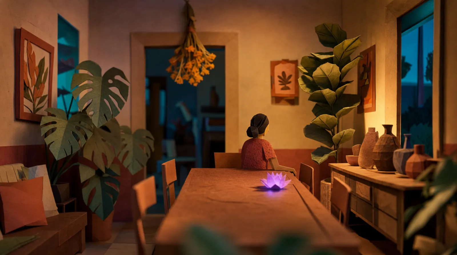 A paper-craft miniature living room where a long wooden table sits at the centre, a Mexican woman seated at its far end with her back to us, with potted plants leaning gently toward the table from the edges of the room.