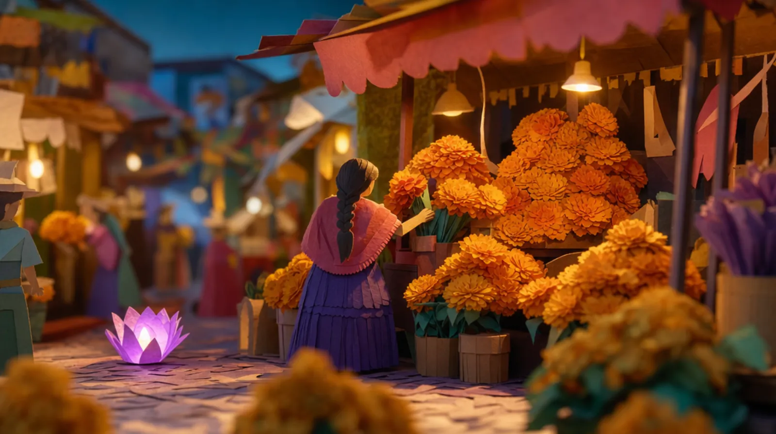 A paper-craft miniature Oaxacan market stall piled high with orange marigolds, a Mexican woman with her back to us reaching to choose a bunch, a handwritten price card in Spanish tucked among the stems.