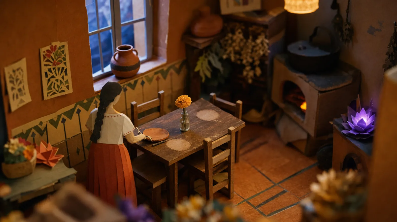 A small figure seen from behind setting a worn wooden table for two, a single marigold in a glass at the centre, a clay water jar on the windowsill beyond.